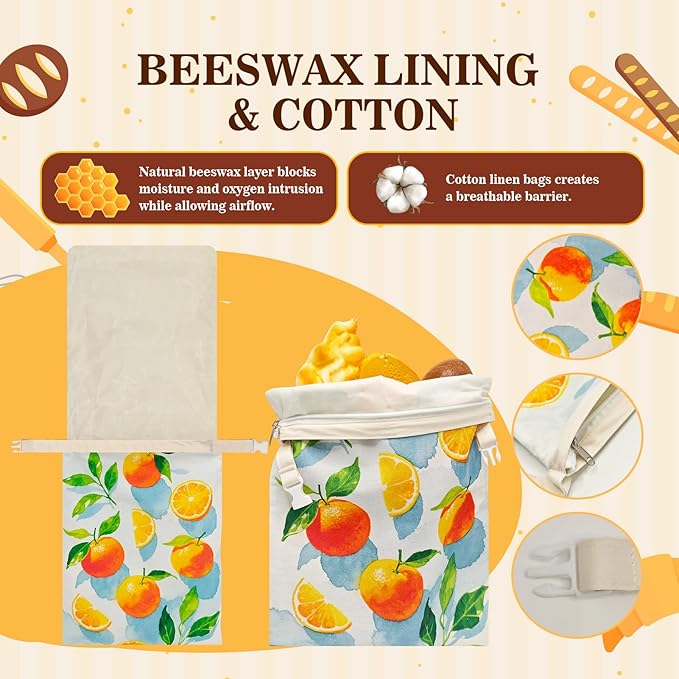 Beeswax Bread Bags for Sourdough 2 Pack 13"x17" Eco-Friendly Reusable Linen Cotton Storage Bags with Zipper Closure for Homemade Bread Fresh-Keeping, Freezer-Safe (Orange)