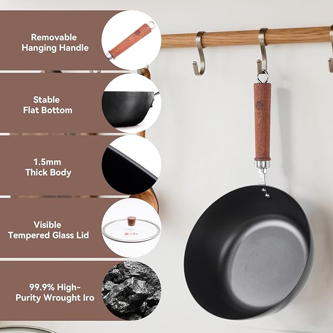 WANGYUANJI 10.24 Inch Iron Wok with Glass Lid, Flat Bottom Uncoated Wrought Iron Stir-Fry Pan, Deep Lightweight Wok Skillet with Wooden Handle for Gas, Electric & Induction Cooktops