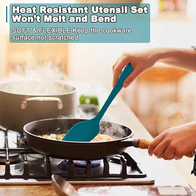 E-far Silicone Cooking Utensils Set, 24Pcs Heat Resistant Kitchen Utensil with Holder, Silicone Kitchen Tools with Spatula Turner Spoon Tongs Whisk, Non-Toxic & Dishwasher Safe (Blue)