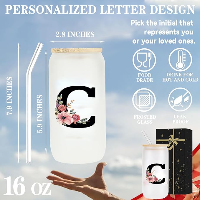 Monogrammed Glass Drinking Cup With Lid Straw Personalized Customized Post Cards Women Happy Birthday Christmas Xmas Day Holiday Gift for Female Boss Teacher Aunt Big Small Sister in Law Weding,R