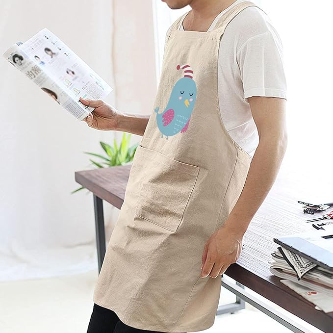 Cotton Linen Apron Non-tie Cross Back Kitchen Apron with Pockets Soft Comfortable Durable for Cooking Baking Gardening (Khaki)