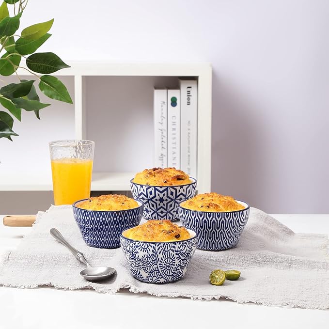 Selamica Ceramic 8oz Bouillon Cups 4 Inch Small Bowls, Dessert bowls for Soup Dipping Sauce Coffee Cupping, Microwave Dishwasher Safe, Set of 6, Vintage Blue