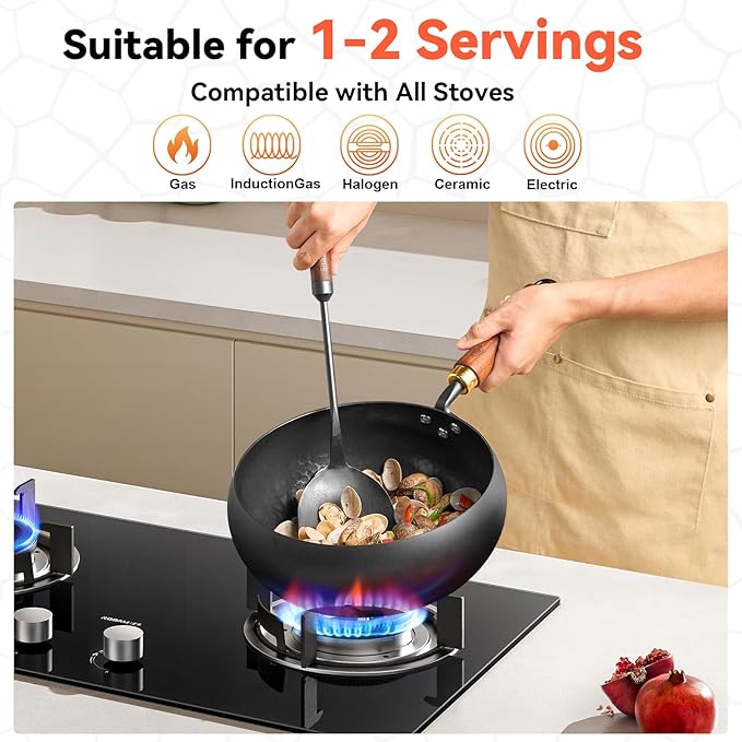 WANGYUANJI Wrought Iron Flat Bottom Wok with Glass Lid – Detachable Wooden Handle, Non-Coated Naturally Nonstick Frying Pan for Gas, Electric & Induction Stoves (Black Deep-Bowl Wok, 9.5 inch)