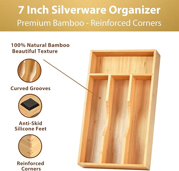 Umilife Bamboo Kitchen Drawer Organizer, 7 Inch Silverware Utensils Tray Holder for Small Drawer, Wood Caddy for Flatware Cutlery Knives