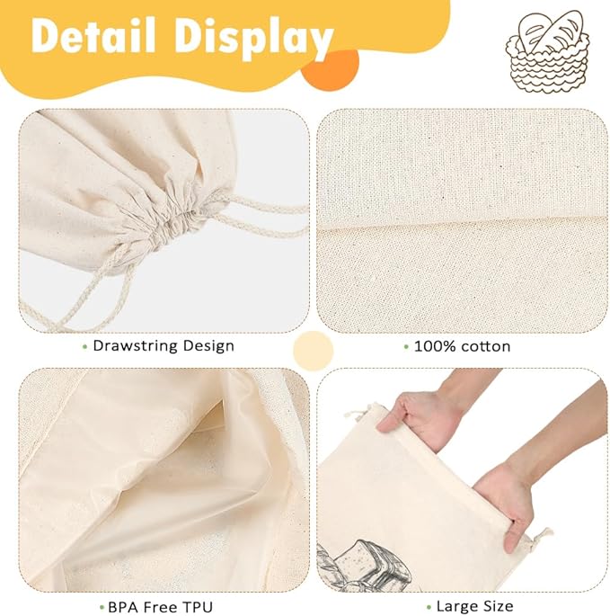2pcs Large Bread Storage Bags Organic Cotton TPU Lined, 17.7"x13.7" Reusbale Freezer-Friendly Sourdough Bread Bags for Homemade Baguette, Baking Gifts