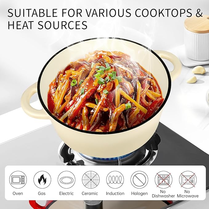 6 Quart Enameled Cast Iron Dutch Oven Pot with Lid and Silicone Accessories, Oven Safe up to 500°F or on Stovetop, Non-stick Dutch Oven for Bread Baking, Cooking, Dual Handles Cookware, Beige