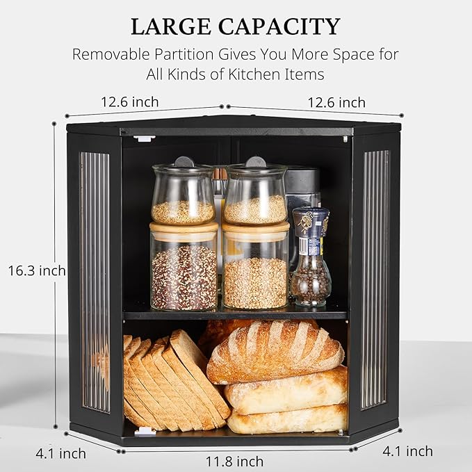 BRONYPRO Double Layer Corner Bread Box for Kitchen Counter with Height-adjustable Partition, Extra Large Black Bamboo Wooden Bread Box for Multiple Loaves, Modern Breadbox for Kitchen Countertop