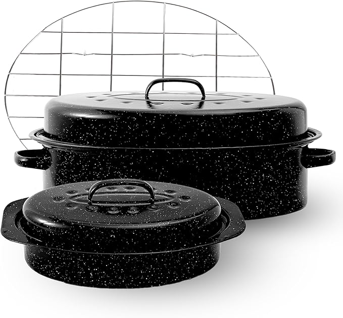 Enamel Roaster Pan With Lid and Rack Set 13"19"Granite Roasting Pans, Oval Large Turkey Baking Pan Suitable for Cooking 20lb Poultry and Beef Resists up to 932°F Oven Cookware