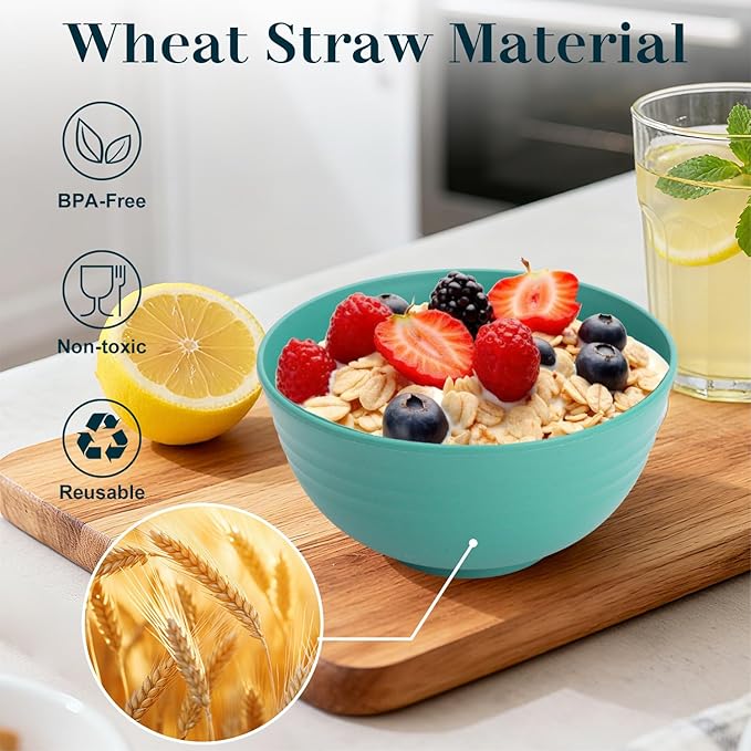 Kitchen Bowls 26 OZ, Unbreakable Cereal Bowls Set of 8, Microwave Safe Wheat Straw bowls for Camping, School, Dorm, Reusable Plastic Bowl for Cereal, Ramen, Salad, Rice, Snack - Green