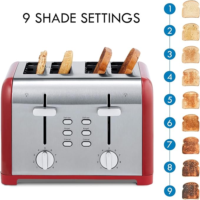 Kenmore toaster 4 slice - extra wide slot countertop kitchen appliance, defrost function, tostador de pan, 9 shade settings, compact design, easy clean crumb tray, bread bagel, stainless steel & Red