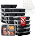 Meal Prep Containers 3 Compartment 20 Pack, 32 oz Divided Reusable Food Storage Containers with Lids Takeout Food Storage Black with 20 Forks, Microwave Dishwasher Freezer Safe, BPA Free