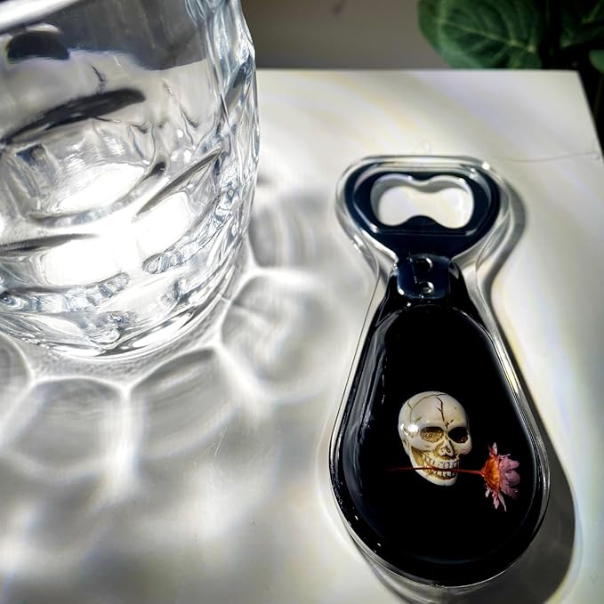 Magnetic Bottle Opener – Original Design Skull Biting Flower in Black Resin – Strong Magnet for Fridge – Lightweight Gift for Goth Decor & Bartenders – Black, 1 PCS