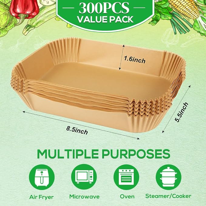 BYKITCHEN 300PCS Air Fryer Liners for Ninja Dual Airfryer, Rectangle Disposable Air Fryer Parchment Paper Compatible with Ninja DZ201/ DZ401/ DZ550, Bella Slim Airfryer &More, Air Fryer Accessories