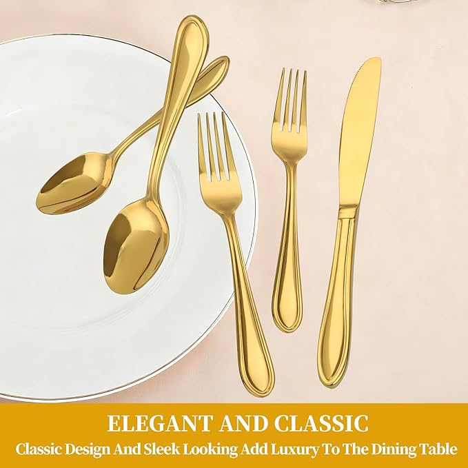 Gold Silverware Set, 30 Piece Flatware Cutlery Set for 6,18/0 Stainless Steel Utensils,Mirror Polished Modern Tableware for Home & Kitchen Dining Wedding, Party