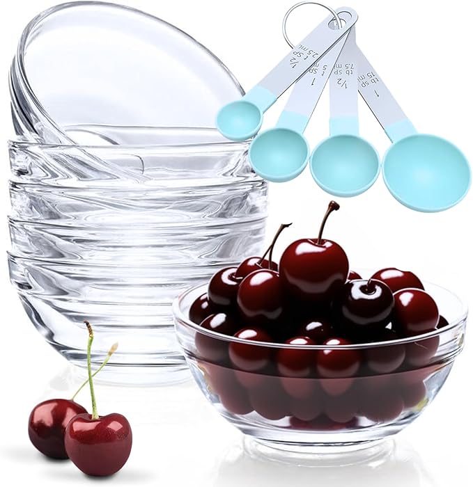 14pc Set of Small Glass Bowls, Microwave Safe, 4-ounce, Durable Prep Bowls Stackable - Glass Ramekins (Set Includes: 4 Measurement Spoons)