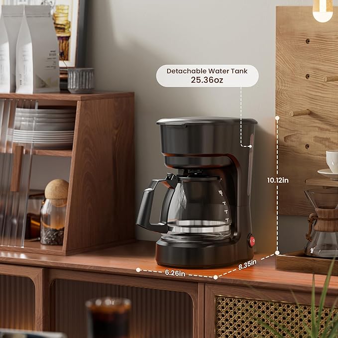 WAA 5 Cup Drip Coffee Maker, Portable Coffee Machine, Glass Coffee Pots with Reusable filter, Delay Brew, Anti-Drip Design, Dry-Burn Protection, One-Touch Operation, 25oz Water Reservoir, Black