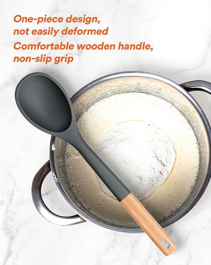 Large Silicone Cooking Spoons, Nonstick Solid Wooden Handle Spoon, Heat Resistan Silicone Kitchen Spoons for Cooking, Serving, Basting, Mixing, 13.2inch (Grey)