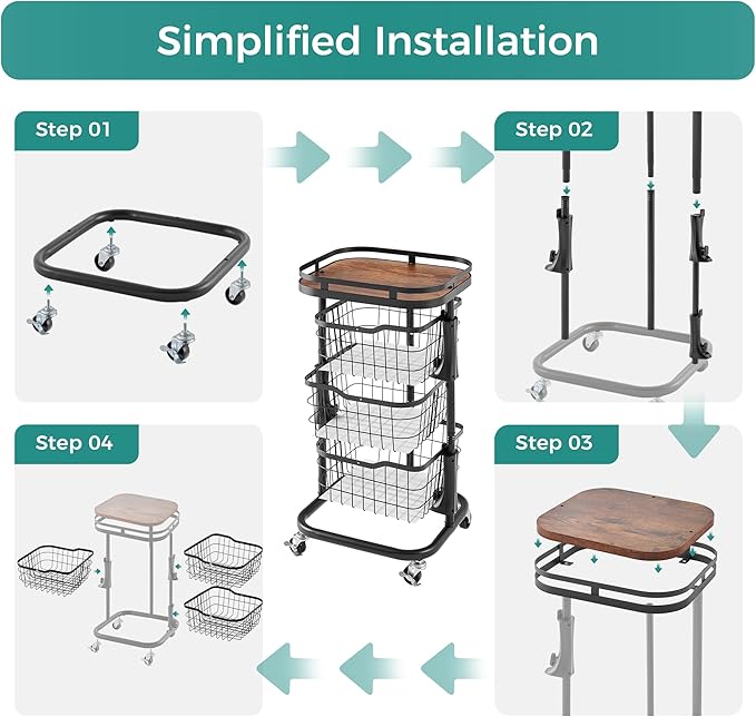 3 Tier Kitchen Fruit Vegetable Storage Cart with One-Piece Rotating Basket, Pantry Organizer Shelf Rack Floor Stand for Veggie Onion Potato Produce Spice, Rolling Snack Cart on Wheels, Black