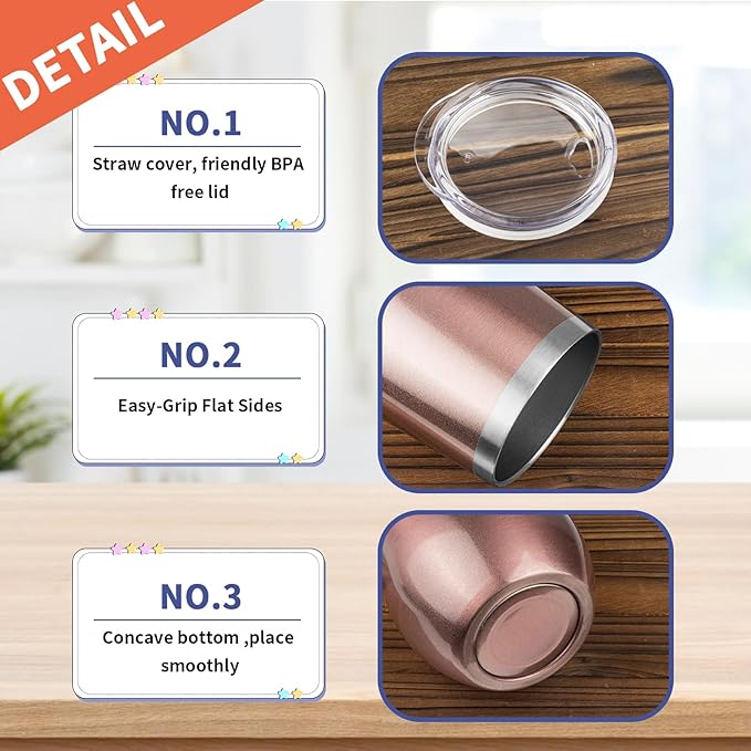 StarSpeed 12oz/8 Pack Wine Tumbler with lid, Stainless Steel Travel Mugs Stemless Double Wall Insulated Coffee Cup, Insulated Wine Glasses Travel Tumbler for Cold & Hot Drinks(Rose Gold, 8)