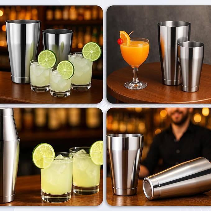 8Pcs Boston Cocktail Shaker, Professional Stainless Steel Tins Bartender Kit with 18oz & 24oz Mixed Drink Shakers Tool （Silver）