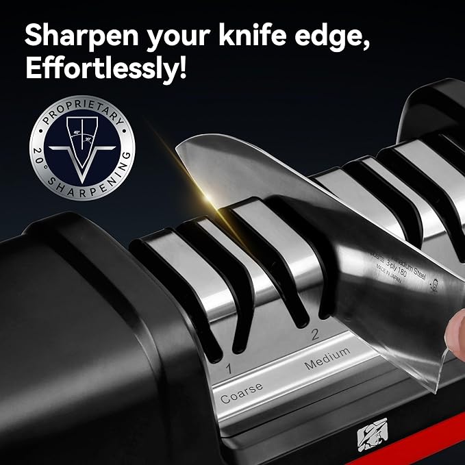 Electric Knife Sharpener, Professional Kitchen 4-Stage Knife Sharpening Kit, 3 Stage 100% Diamond Abrasive, Resin Polishing, 20° Precision Angle for Straight, Serrated Ceramic Knives