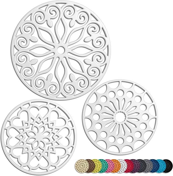 3 Set Silicone Trivet Mats with 1 Extra Large Included | Intricately Carved Insulated Flexible Durable Non Slip Thick Round Premium Trivets for Hot pots and Pans | White