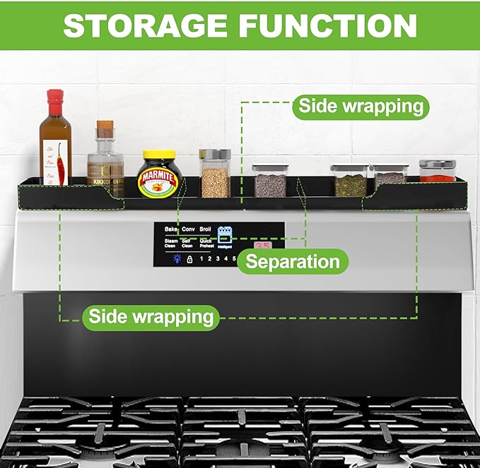 30 Inch Magnetic Stove Top Shelf | 3-Zone Kitchen Organizer with Anti-Slip & Anti-Fall Design | Heat Resistant (-40°F to 446°F) Food-Grade Silicone Spice Rack for Flat Stoves-Black