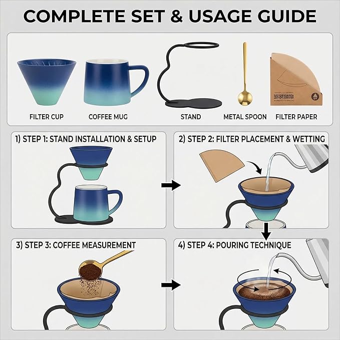 Pour Over Coffee Maker set,Ceramic Coffee Maker With V60 40 pcs Paper Filter，Metal Stand 9oz 270ml mug Pour Over Coffee Dripper blue