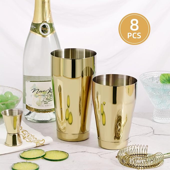 8 Pcs Cocktail Shaker Boston Shaker Set Professional Bartender Kit Bar Shaker Stainless Steel Drink Bartending Martini Tin with 18oz & 28oz Mixed Alcohol Tool for Beginner(Gold)