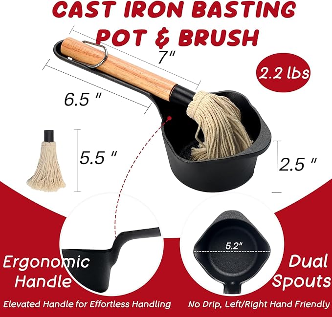 Cast Iron Sauce Pan and Basting Pot with BBQ Mop Brushes - Cast Iron Small Sauce Pots 2 Pcs for Grilling, Melting, Camping Cooking & Stoves - Mini Pot for Butter Melter