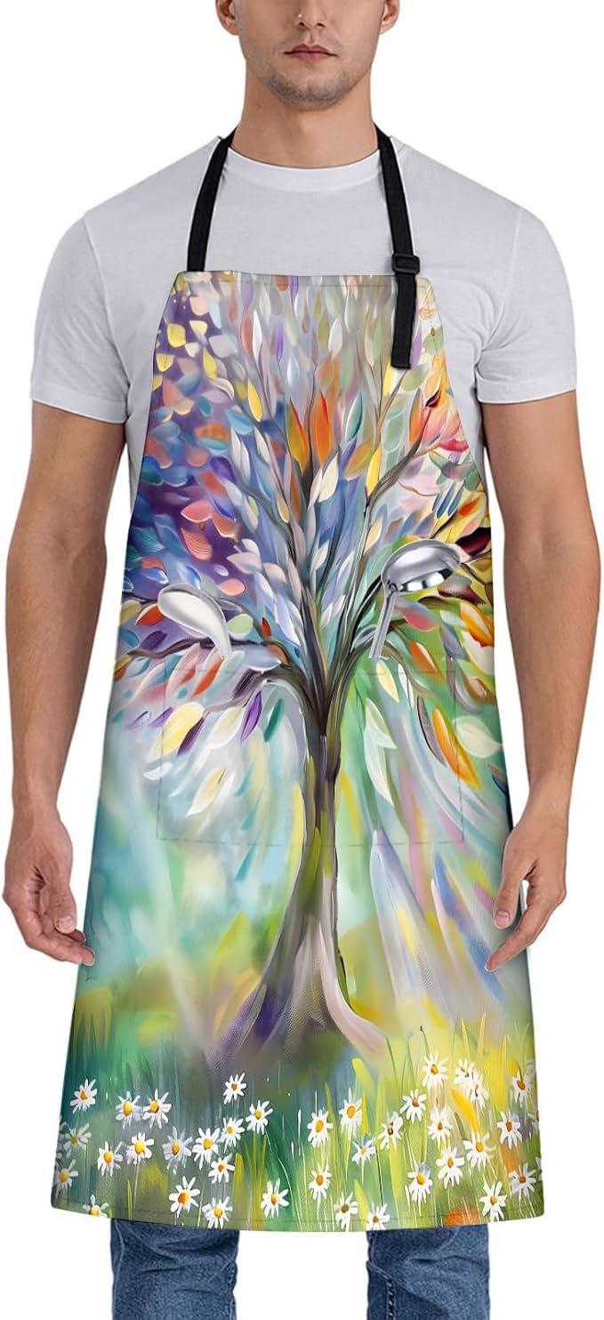 Oil Painting Tree Apron for Women, 28x33in, Kitchen Chef Aprons with 2 Pockets, Polyester, Colorful Abstract Tree Apron for Cooking BBQ Baking Gardening Chef, Gifts for Mom Wife Dad