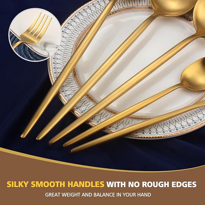 Matte Gold Serving Set，Oliviola 5-Piece Stainless Steel Large Hostess Set with Round Edge, Satin Finished, Dishwasher Safe -Large Spoon, Large Fork,Butter Knife，Sugar Spoon & Slotted Spoon