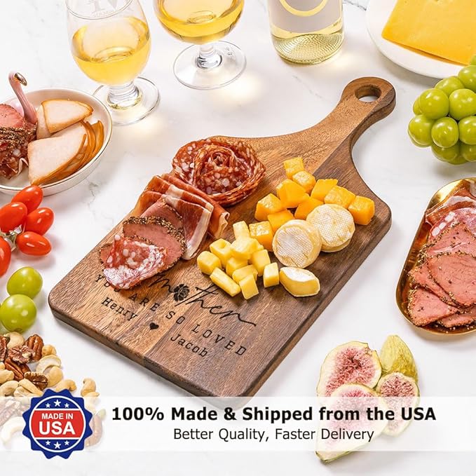 Personalized Wooden Engraved Cutting Boards with Handle, Custom Reversible Monogrammed Cheese Board S M L, Housewarming Wedding Gift for Family or Couple (Carnation Title)