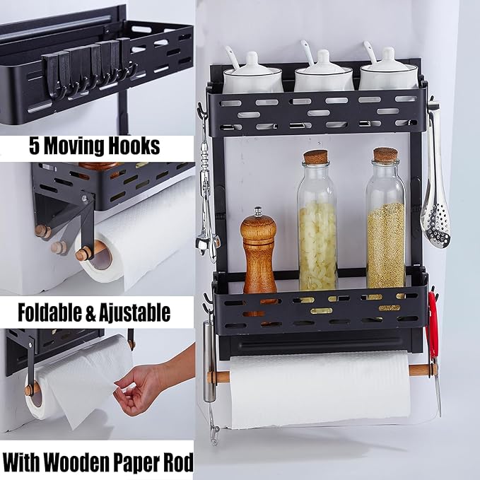 Magnetic Spice Rack for Refrigerator, Magnetic Shelf for Fridge Moveable Magnetic Paper Towel Holder Metal Fridge Magnet Orqanizer 8 Hooks for Kitchen Space Saving