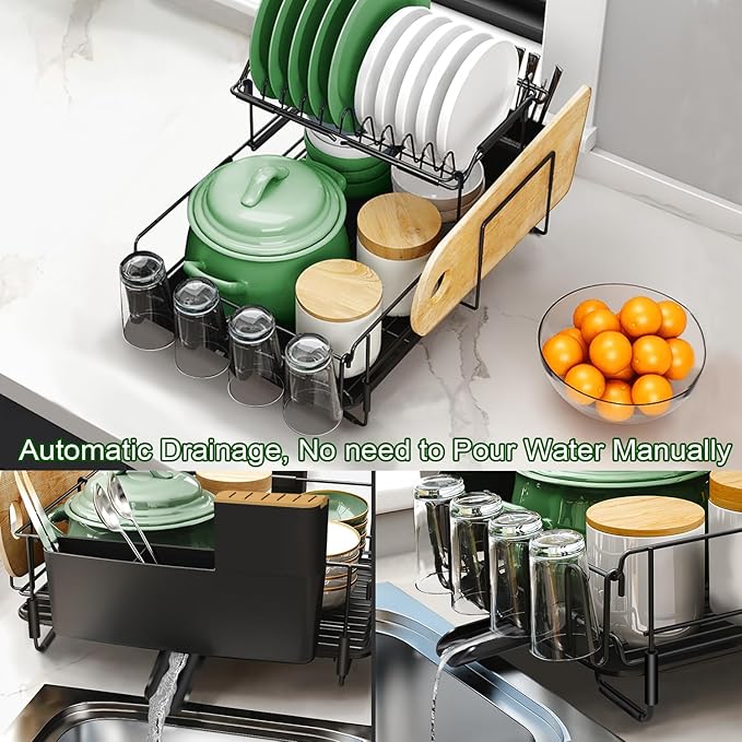 Runnatal 2-Tier Dish Drying Rack with Drainboard Set, Stainless Steel Detachable 2-in-1 Large-Capacity 2-Tier Over The Sink Anti-Rust Dish Rack and Dish Drainer for All Kitchen