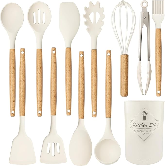 Silicone Cooking Utensils Kitchen Utensil Set - 446°F Heat Resistant Silicone Kitchen Utensils Set, Spatula,Turner Tongs, Spoon, Brush, Whisk,Kitchen Gadgets for Nonstick Cookware, BPA Free (White)
