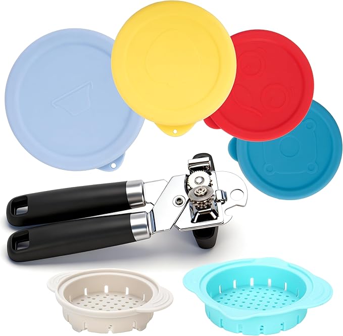 Valuable 7 Pcs Canning Essentials Bundle — 1 Pack Magnetic Can Opener & 2 Packs Can Strainers & 4 Packs Silicone Can Lids, Fit for 3.0''|3.2''|3.5''|4.0-inches Cans, Holiday Kitchen Gadgets