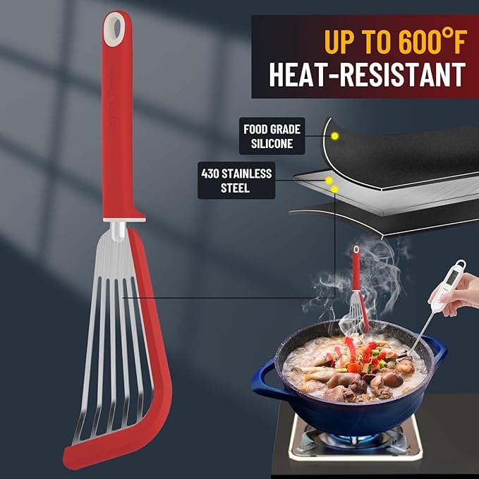 Fish Spatula,600℉ Heat Resistant Silicone Fish Spatula with Basting Brush,for Nonstick Cookware,Flexible Slotted Fishs Turner Spatulas,BPA Free,Dishwasher Safe(Red)