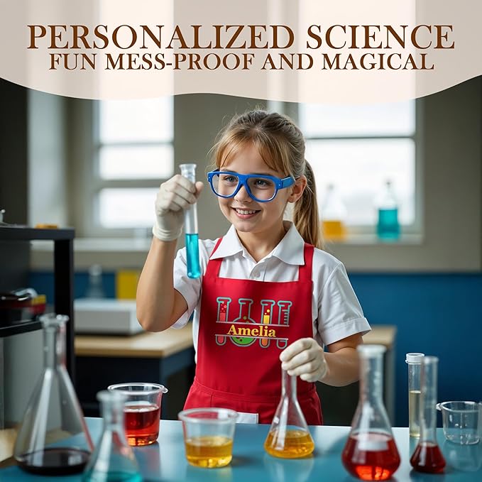 Personalized Science Apron for Kids with Custom Name – Customized Scientist Outfit for Children – Fun Laboratory Apron for Students, Experiments, Chemistry Play, and Educational Learning Activities
