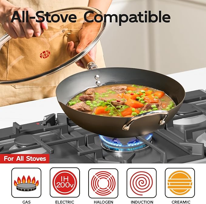 WANGYUANJI 12.6" Flat-Bottom Iron Wok with Glass Lid, Uncoated Stir-Fry Pan, Fast-Heating Refined Iron, Induction/Gas/Electric Compatible, Wooden Handle (Seasoning Required)