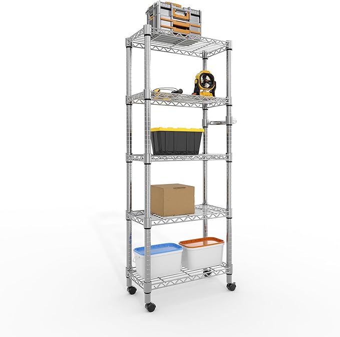 5-Tier Storage Shelves 1100 LBS Heavy Duty Metal Wire Rack Shelving with Lockable Wheels, 61" H Rolling Storage Rack for Pantry Kitchen Garage Bedroom Organization