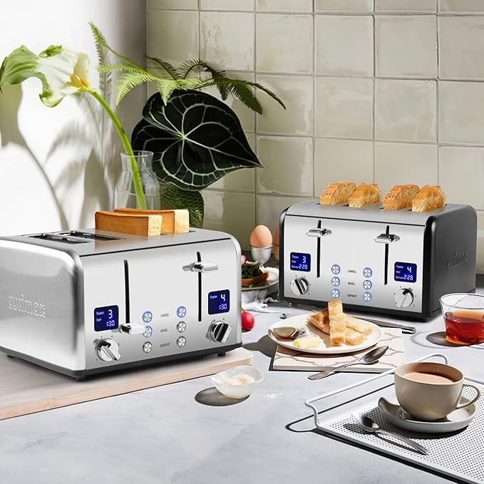 CUSIMAX 4 Slice Toaster with Smart LED Display, Stainless Steel Toaster with Exart Wide Slots, 6 Shade Settings, Bagel, Defrost and Cancel Fuction, 1650 Watts, Removable Crumb Trays, Black