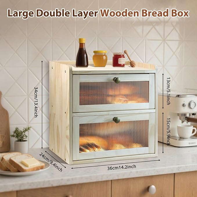 Bread Box for Kitchen Countertop, 2 Layer Large Capacity Wooden Bread Storage Container with Clear Wavy Acrylic Window Breadbox Holder Keeper Farmhouse Food Organizer for Christmas Xmas Gift