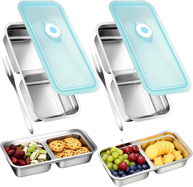 Stainless Steel Snack Containers with Lids, Reusable Bento Lunch Container Box, Food Storage, Leak Proof, Dishwasher-Safe, Grab and Go for Work, 2 Pack-Double Compartment