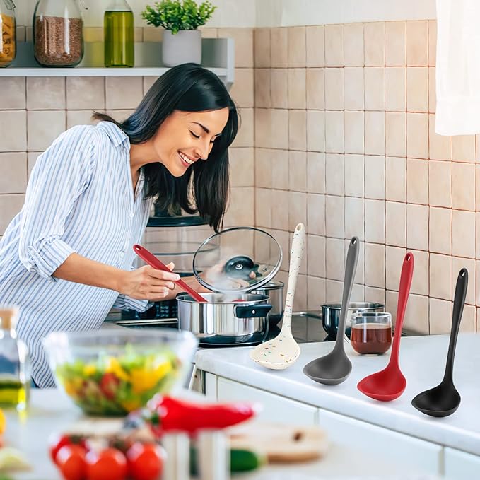 4 Pieces Silicone Ladles for Cooking - 4 Colors Middle Soup Ladle Spoon Heat Resistant Kitchen Ladle Spoons, Cooking and Serving Spoon for Soup Sauce Chili Gravy Salad Canning Pouring