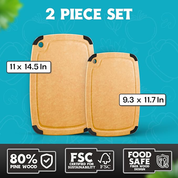 Dishwasher Safe Cutting Boards for Kitchen - 2 Piece Large Composite Wood Cutting Board Set with Non-Slip Feet and Juice Groove (14.5" x 11" and 11.7" x 9.3") - Thin, Lightweight, Eco-Friendly