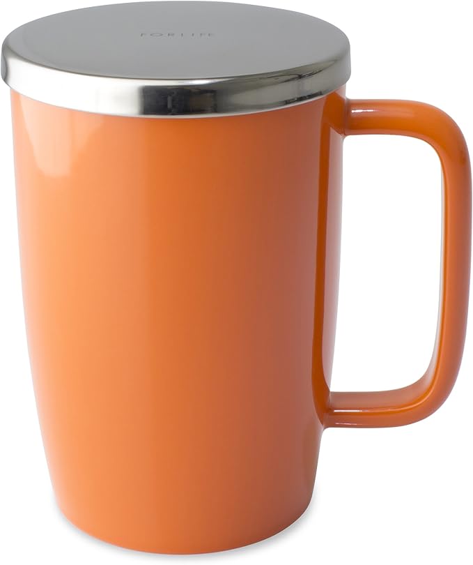 FORLIFE Dew Glossy Finish Brew-In-Mug with Basket Infuser & "Mirror" Stainless Lid 18 oz., Carrot