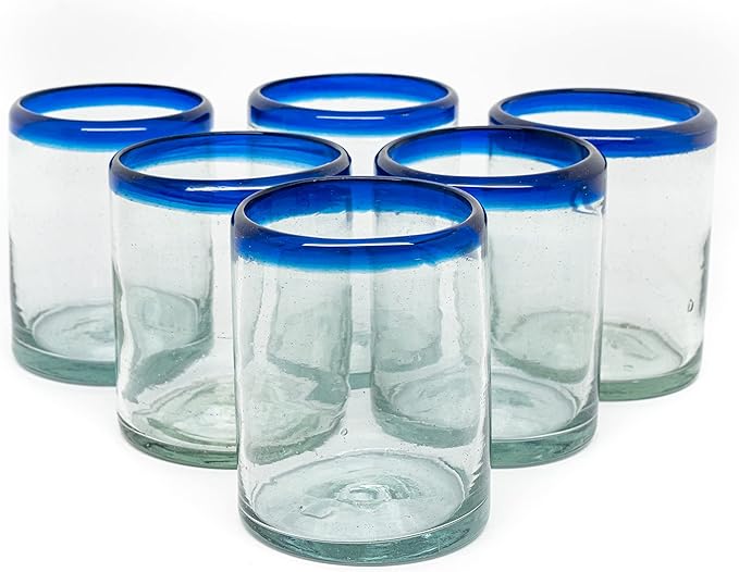 Set of 6 Hand-Blown Tumbler (10 oz) Glasses from Mexico with Cobalt Blue Rim - Rustic & Handcrafted Recycled Bubble Glass Drinking Glassware