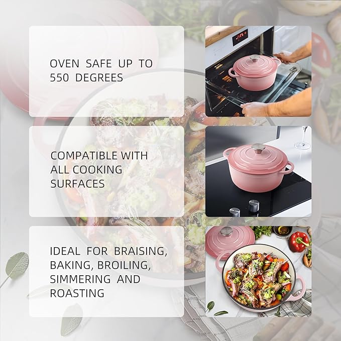 6 Quart Dutch Oven Enameled Cast Iron with Lid - Big Dual Handles - Oven Safe up to 500°F - Classic Round Pot for Versatile Cooking (Pink, 6 QT)