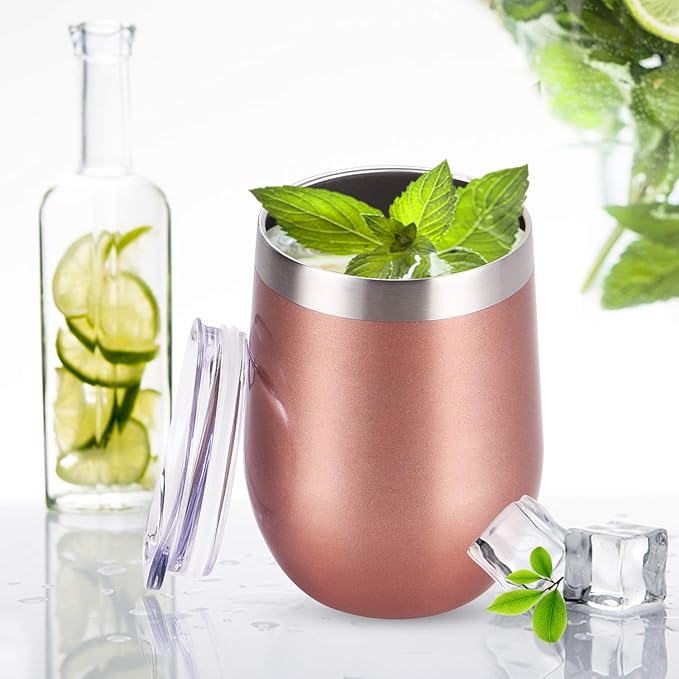 8 Pack 12Oz Stainless Steel Wine Tumblers, Insulated Wine Tumbler, Double Wall Insulated Wine Glass, Stainless Steel Stemless Wine Cups with Lids for Coffee, Wine, Cocktails, Champaign, Rose Gold